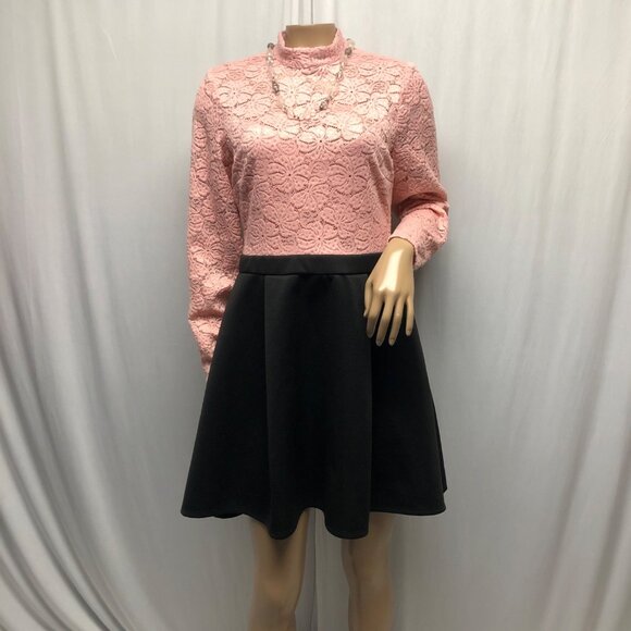 B Darlin Skater Dress Pink Lace Black Size 13-14 Long Sleeve Mock Neck Retro - Picture 1 of 7